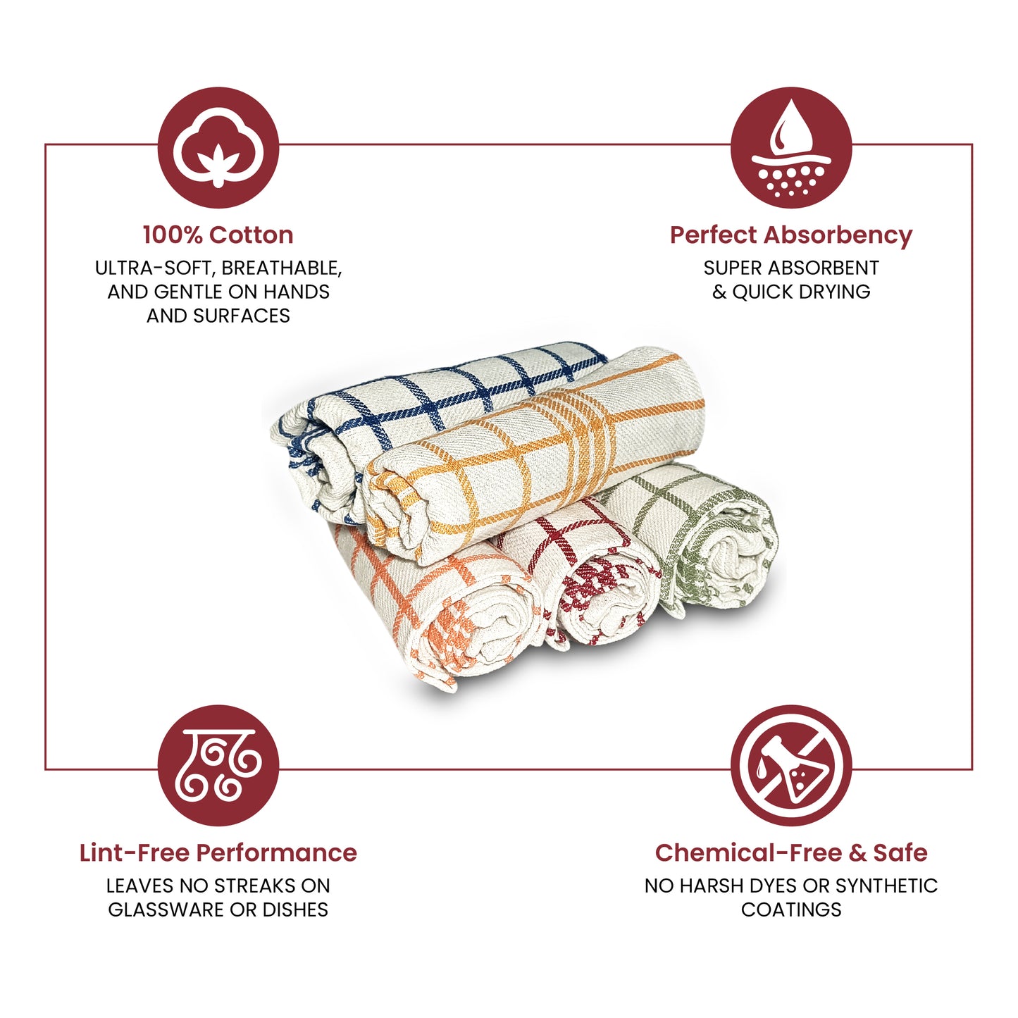 Fuller Earth Kitchen Tea Towels Set of 5-100% Cotton