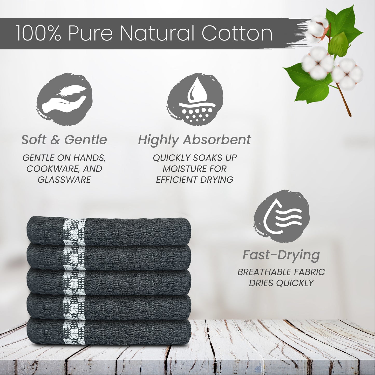 Fuller Earth -Kitchen Tea Towels 100% Cotton -Terry tea towel Quick-Drying, Super Absorbent Lint-Free -Kitchen Towels, Hand Towels Dish Cloths (60x40cm, Set of 5)
